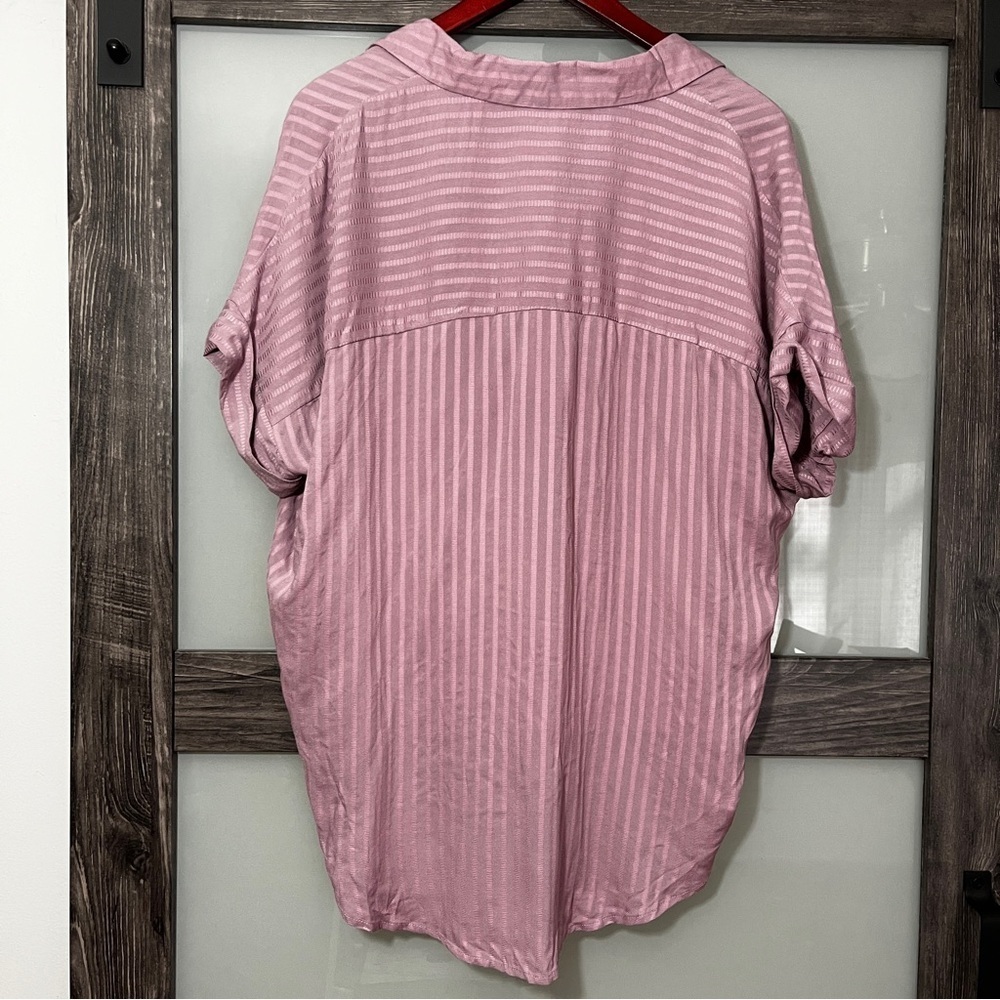She + Sky Lagenlook Slouchy Oversized Mauve Striped Shirt Johnny Collar NWT L - Picture 2 of 7